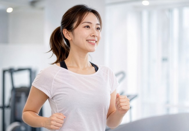 ジムでランニングをする女性